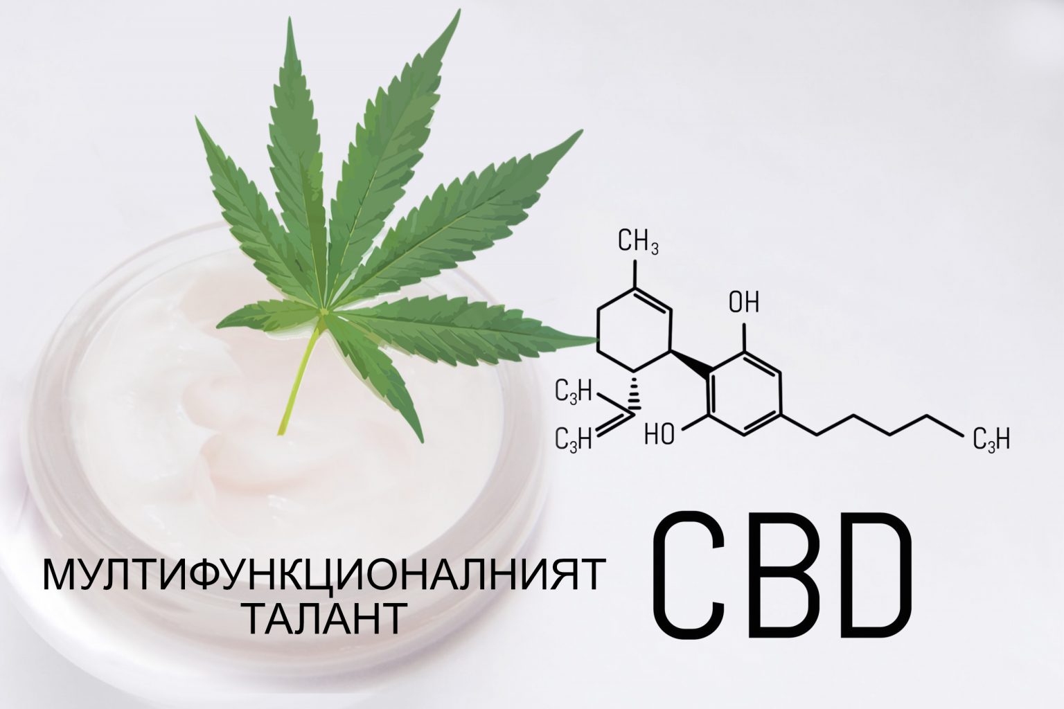 Molecular structure medical chemistry formula cannabis of the formula CBD, green leaf hemp on a white background. Natural cosmetics. CBD cannabidiol topicals concept